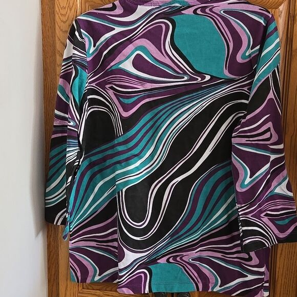 Sara Morgan Large Womens Purple Black Abstract Patterned Sleeve Top Shirt Blouse - Picture 9 of 13